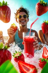 Refreshing Strawberry Drink Smiling Man Enjoying Summer Beverage with Fresh Strawberries
