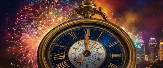 Happy New Year Countdown Celebration with Fireworks Over City Skyline at Midnight