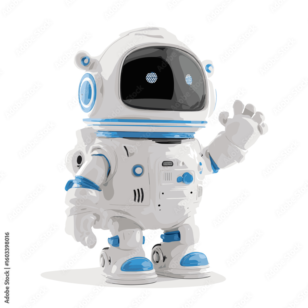 Poster a friendly robot in a space suit waving with joy.