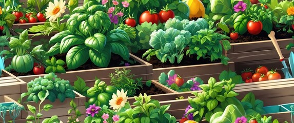 Abundant Vegetable Garden with Tomatoes, Basil, and Flowers in Raised Beds, Summer Harvest