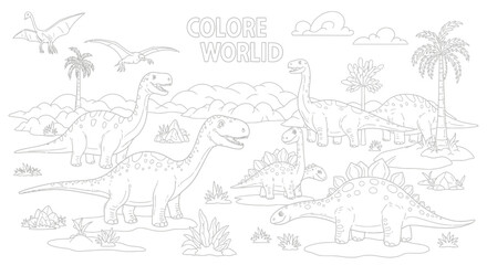 Drawing to paint dinosaur coloring page for kids featuring brachiosaurus and stegosaurus in a prehistoric landscape scene vector