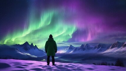 Man in snowy field gazing at stunning aurora borealis in night sky