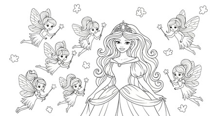 Drawing to paint princess coloring page with fairies and magic wands for kids to print and color fantasy themed activity vector