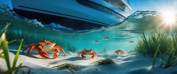 Underwater Paradise Crabs, Fish, and Yacht in Crystal Clear Waters, Sunlit Seascape
