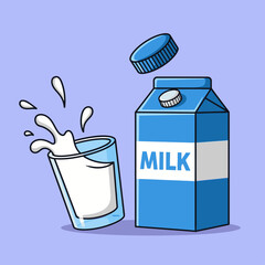 Cartoon illustration of a carton of milk with a floating cap and a glass of milk with a splash on a light purple background.