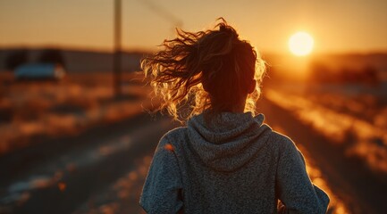 Rear view of an athlete running towards the setting sun on a country road, enjoying the golden hour light