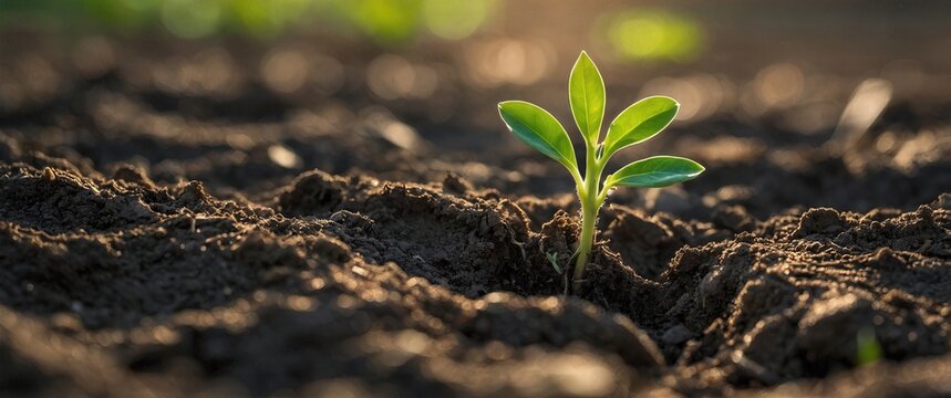 Green plant seedling growing out of the soil towards the sunlight
