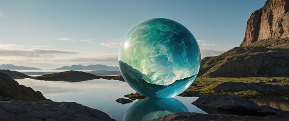 Mysterious Blue Glowing Orb Floating Above Serene Mountain Lake at Twilight