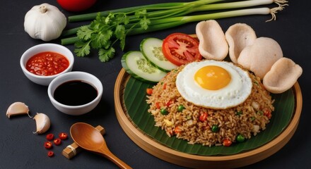 Delicious Asian Fried Rice Dish Topped with a Fried Egg and Served with Fresh Vegetables and Sauces