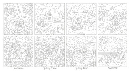 Drawing to paint four seasons coloring pages for kids autumn winter spring summer printable activity sheets seasonal illustrations vector