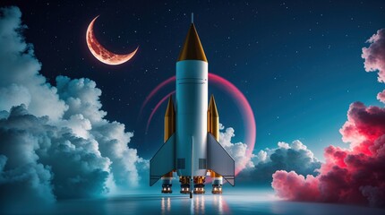 Rocket Launching to the Moon with a Celestial Backdrop A Space Exploration Concept