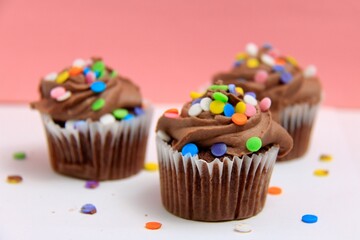 chocolate cupcakes with sprinkles on pink backround