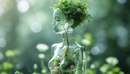 Ethereal Woman with Greenery and Flowers Symbolizing Nature s Beauty