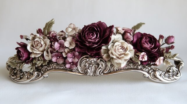 Detailed floral arrangement on ornate silver-toned base