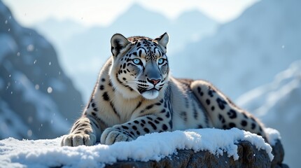 Majestic Snow Leopard Resting on Snowy Rock in the High Mountains, Wildlife Photography
