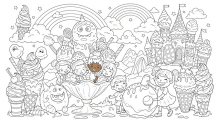 Drawing to paint ice cream coloring page for kids and adults featuring children, castle, rainbow, and dessert theme fun vector