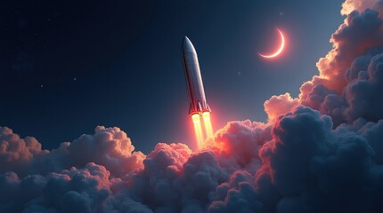 Rocket Launching Through Clouds at Night with Crescent Moon, Space Exploration Concept