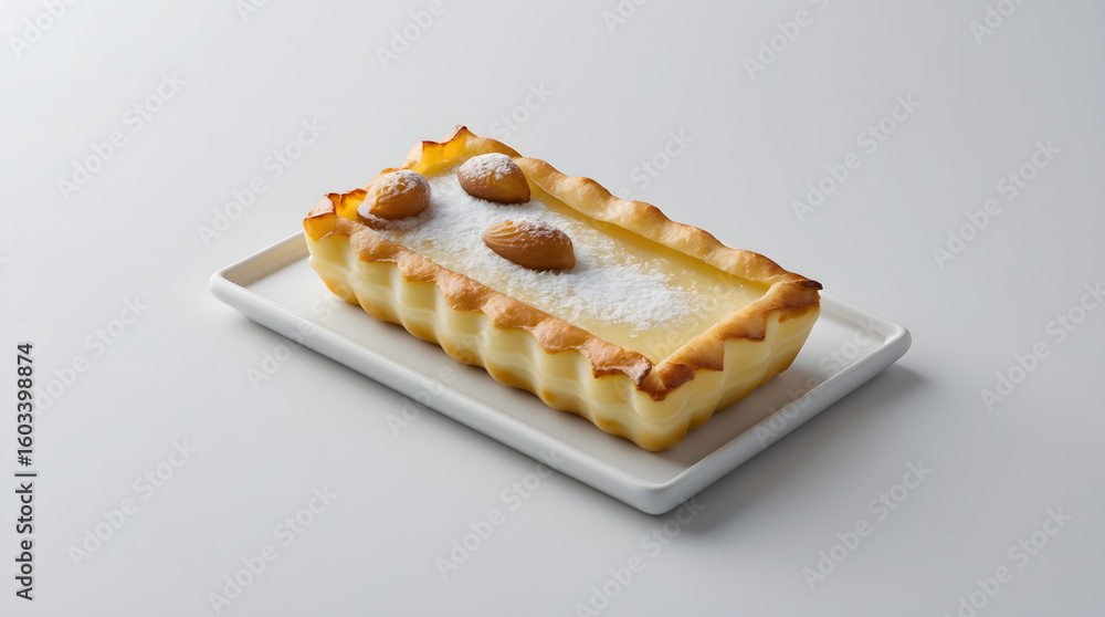 Poster a rectangular tart with a flaky crust, filled with a creamy custard and topped with powdered sugar a