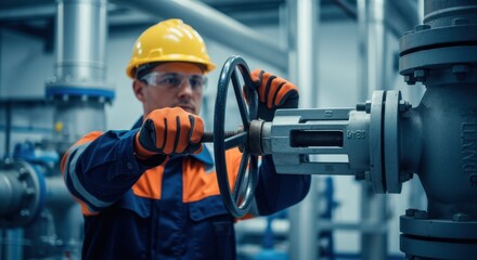 Operator adjusting a pipeline valve at water treatment infrastructure.