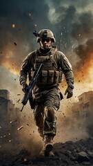 Brave Soldier Standing Alone in a War Zone Amidst Explosions and Destruction