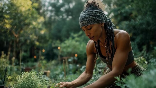 Emphasizing sustainability and mindfulness this image captures a focused yogini at a farmtomat retreat handpicking aromatic herbs essential for crafting herbal Ayurvedic tea. Surrounded