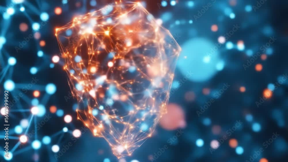 Poster abstract digital cube with network connections on a dark blue background with bokeh elements symboli