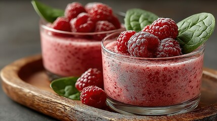 Pink raspberry smoothie dessert in small glasses.