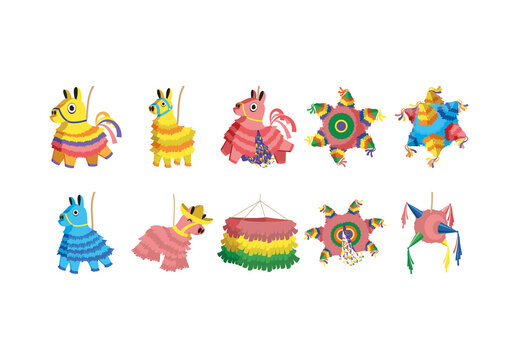 Colorful Mexican Pinata Celebration Mexico Party Illustrations Set