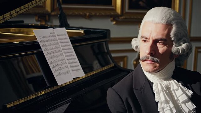 Elegant classical video scene of a pianist in a luxurious room, captured from a side angle, highlighting the grand piano and ornate decor. Live desktop wallpaper.