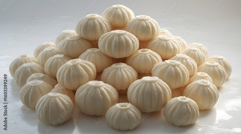 Poster a pile of white steamed buns with a ribbed texture, neatly arranged on a white surface, creating an 