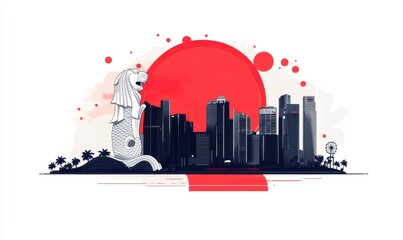 Merlion statue standing before singapore cityscape at golden hour, silhouetted with palm trees, ferris wheel, vibrant red sun backdrop