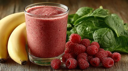 A vibrant smoothie with raspberries, spinach, and bananas.