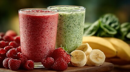 Two colorful fruit smoothies with fresh berries and banana slices.