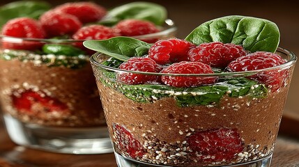 Chocolate dessert parfait layered with raspberries and spinach.