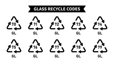 Glass recycling codes icon set, triangular glass and bottle recycling symbols, codes 70, 71, 72, 73, 74, 75, 76, 77, 78, 79 for factory and industrial products, gl symbols, Vector illustration © Kingwardobe