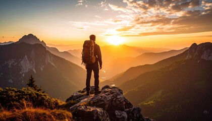 Hiker Contemplating Sunrise Over Mountain Range