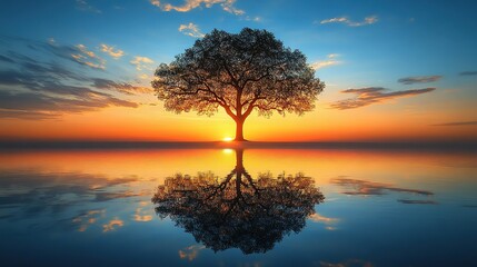 Peaceful sunset over still water with a solitary tree.