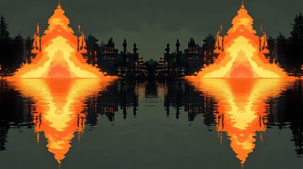 Fiery reflection of a city on water at twilight.