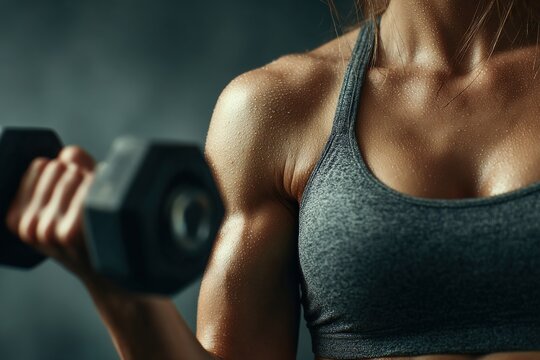 Close up of a sweaty female athlete lifting weights, embodying strength and dedication while pushing her limits in fitness training