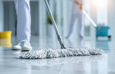 The  cleaning staff mopping it using a microfiber mop in a hospital.