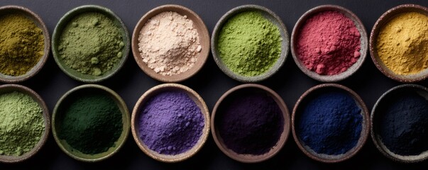 Colorful superfood powders scattered in ceramic bowls, presenting nutritional variety and wellness benefits against dark textured background