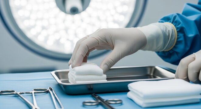 Medical professional in blue scrubs arranging sterile gauze pads on surgical instrument tray in operating room with overhead surgical lights - Powered by Adobe