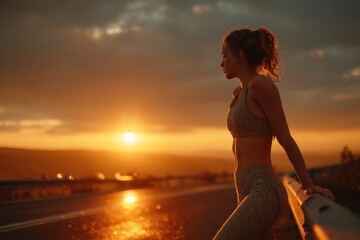 Fit woman taking a break from her workout, stretching by the road at sunset, enjoying the golden hour light