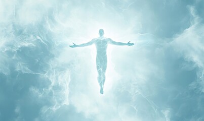 Naklejka premium Luminous silhouette rising through misty clouds, arms extended toward radiant glow, symbolizing transcendence, spiritual journey, and mystical transformation