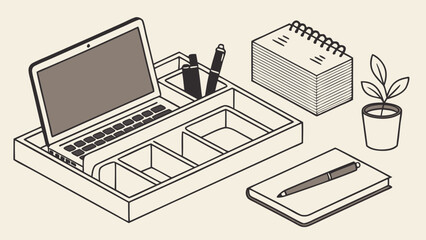Isometric view of a desk with laptop stationery and plant.