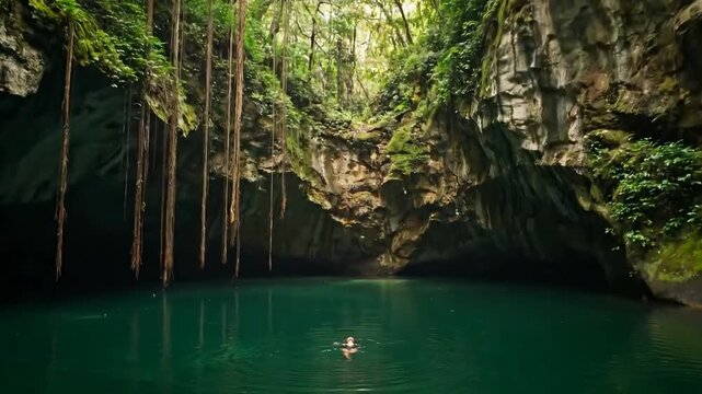 Attractive woman swimming on vacation in emerald water of in Mexico cenote close to Riviera Maya. Cancun and Playa Del Carmen nature attractions