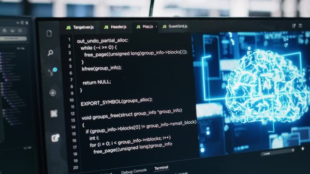 Data center PC screens monitoring backend hardware performance used in AI LLM model development and automation workloads. Workstation monitors overseeing server rigs equipment