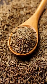Close-up of wooden spoon filled with aromatic cumin seeds against a backdrop of scattered brown spices, showcasing culinary ingredients