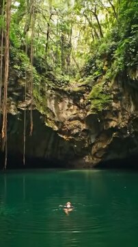 Attractive woman swimming on vacation in emerald water of in Mexico cenote close to Riviera Maya. Cancun and Playa Del Carmen nature attractions
