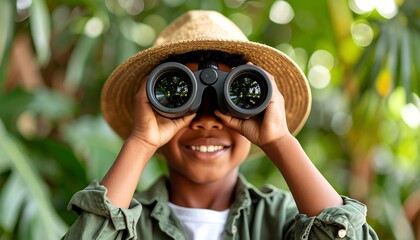 Child with binoculars in a jungle setting